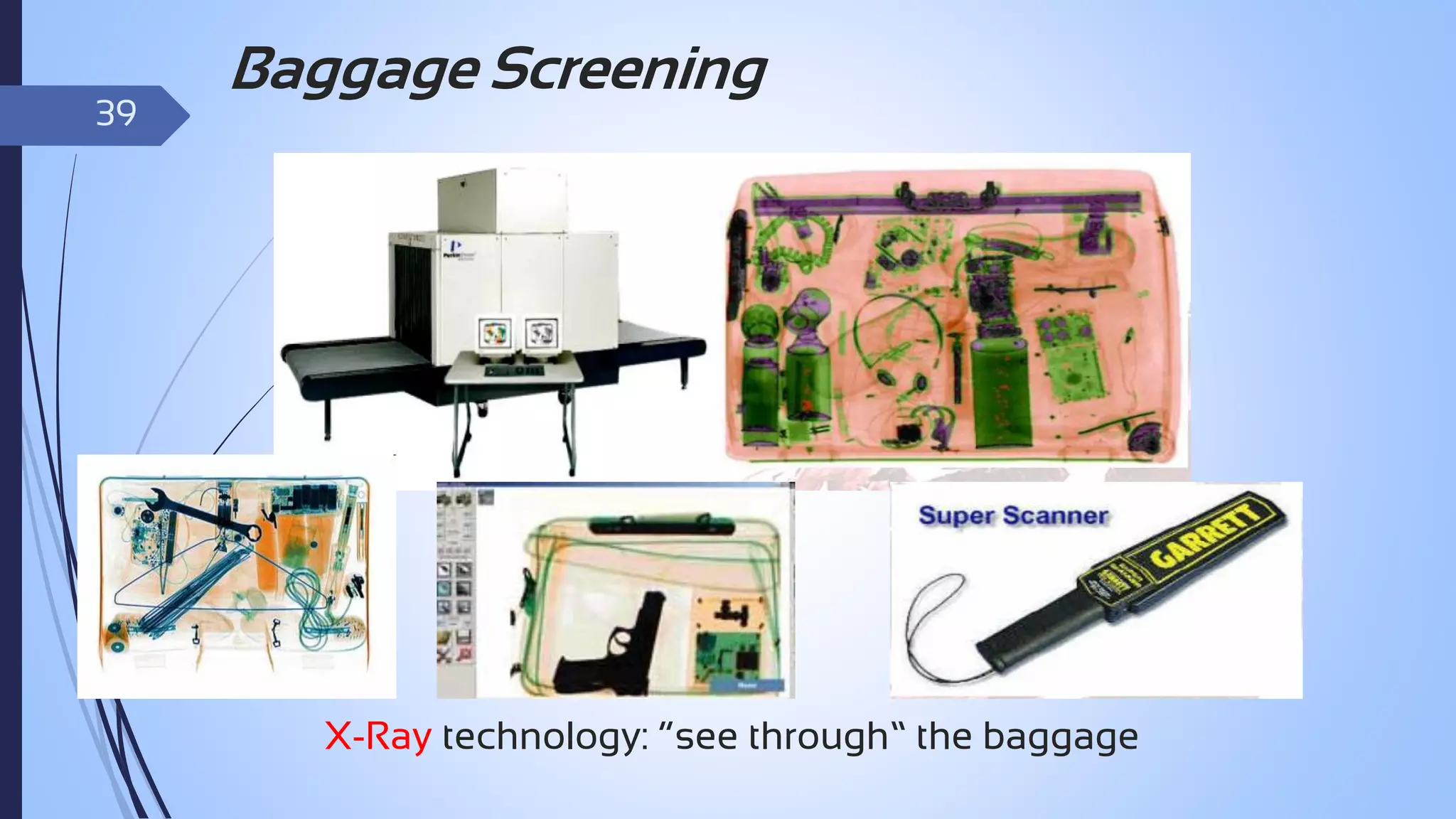 39

Baggage Screening

X-Ray technology: “see through” the baggage

 