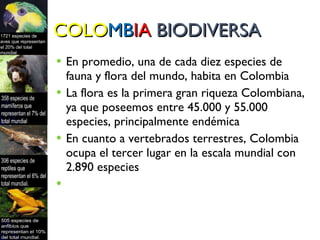 COLO MB IA  BIODIVERSA En promedio, una de cada diez especies de fauna y flora del mundo, habita en Colombia La flora es la primera gran riqueza Colombiana, ya que poseemos entre 45.000 y 55.000 especies, principalmente endémica En cuanto a vertebrados terrestres, Colombia ocupa el tercer lugar en la escala mundial con 2.890 especies 