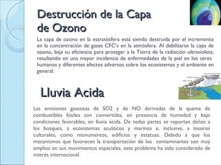 Destrucción de la Capa de Ozono La capa de ozono en la estratósfera está siendo destruida por el incremento en la concentración de gases CFC’s en la atmósfera. Al debilitarse la capa de ozono, baja su eficiencia para proteger a la Tierra de la radiación ultravioleta, resultando en una mayor incidencia de enfermedades de la piel en los seres  humanos y diferentes efectos adversos sobre los ecosistemas y el ambiente en general. Lluvia Acida Las emisiones gaseosas de SO2 y de NO derivadas de la quema de combustibles fósiles son convertidas, en presencia de humedad y bajo condiciones favorables, en lluvia ácida. De todas partes se reportan daños a los bosques, a ecosistemas acuáticos y marinos e, inclusive, a tesoros culturales, como monumentos, edificios y estatuas. Debido a que los mecanismos que favorecen la transportación de los  contaminantes son muy amplios en sus movimientos espaciales, este problema ha sido considerado de interés internacional 