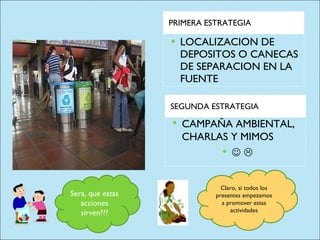 PRIMERA ESTRATEGIA LOCALIZACION DE DEPOSITOS O CANECAS DE SEPARACION EN LA FUENTE SEGUNDA ESTRATEGIA CAMPAÑA AMBIENTAL, CHARLAS Y MIMOS     Sera, que estas acciones sirven??? Claro, si todos los presentes empezamos a promover estas actividades 