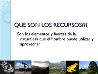 QUE SON LOS RECURSOS??? Son los elementos y fuerzas de la naturaleza que el hombre puede utilizar y aprovechar 