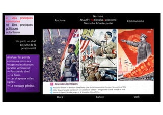2. Des pratiques
communes
A) Des pratiques
politiques
autoritaires
Un parti, un chef
Le culte de la
personnalité
Duce Führer Vodj
Fascisme
Nazisme
NSDAP : Nationalsozialistische
Deutsche Arbeiterpartei
Communisme
Italie Allemagne
URSS
Analyser les points
communs entre ces
images et les discours
qu’elles véhiculent :
— Posture du chef.
— La foule.
— Les drapeaux et les
signes.
— Le message général.
 