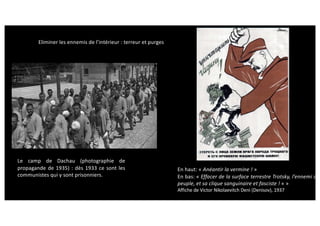 En haut: « Anéantir la vermine ! »
En bas: « Effacer de la surface terrestre Trotsky, l’ennemi du
peuple, et sa clique sanguinaire et fasciste ! « »
Affiche de Victor Nikolaevitch Deni (Denisov), 1937
Eliminer les ennemis de l’intérieur : terreur et purges
Le camp de Dachau (photographie de
propagande de 1935) : dès 1933 ce sont les
communistes qui y sont prisonniers.
 