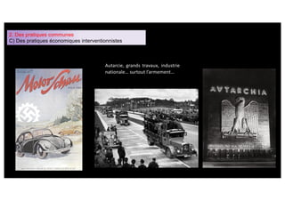 2. Des pratiques communes
C) Des pratiques économiques interventionnistes
Autarcie, grands travaux, industrie
nationale… surtout l’armement…
 