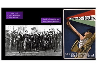 29 octobre 1922 La marche sur Rome :
Mussolini et les chemises noires.
Italie 1922
Le Duce Mussolini
Le parti fasciste
Repérer le salut et les
symboles du fascisme.
 