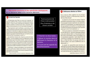 1. Des points communs et des spécificités idéologiques.
B) Le fascisme italien et le nazisme allemand
Toute puissance de
l’Etat (≠ démocratie)
Plus d’individus ni de
classes sociales
• Présenter ces deux textes.
• Relever la manière dont se
définissent le fascisme et le
nazisme.
• Et quel sont les opposés du
fascisme/nazisme.
 