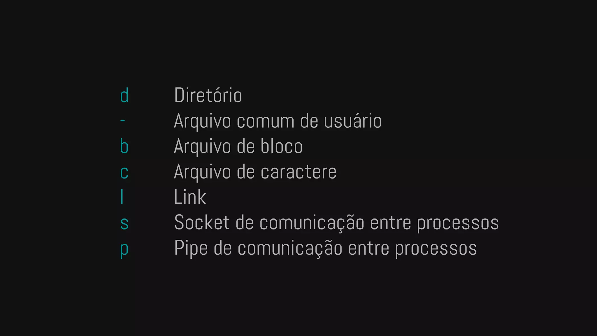 d Diretório
- Arquivo comum de usuário
b Arquivo de bloco
c Arquivo de caractere
l Link
s Socket de comunicação entre processos
p Pipe de comunicação entre processos
 