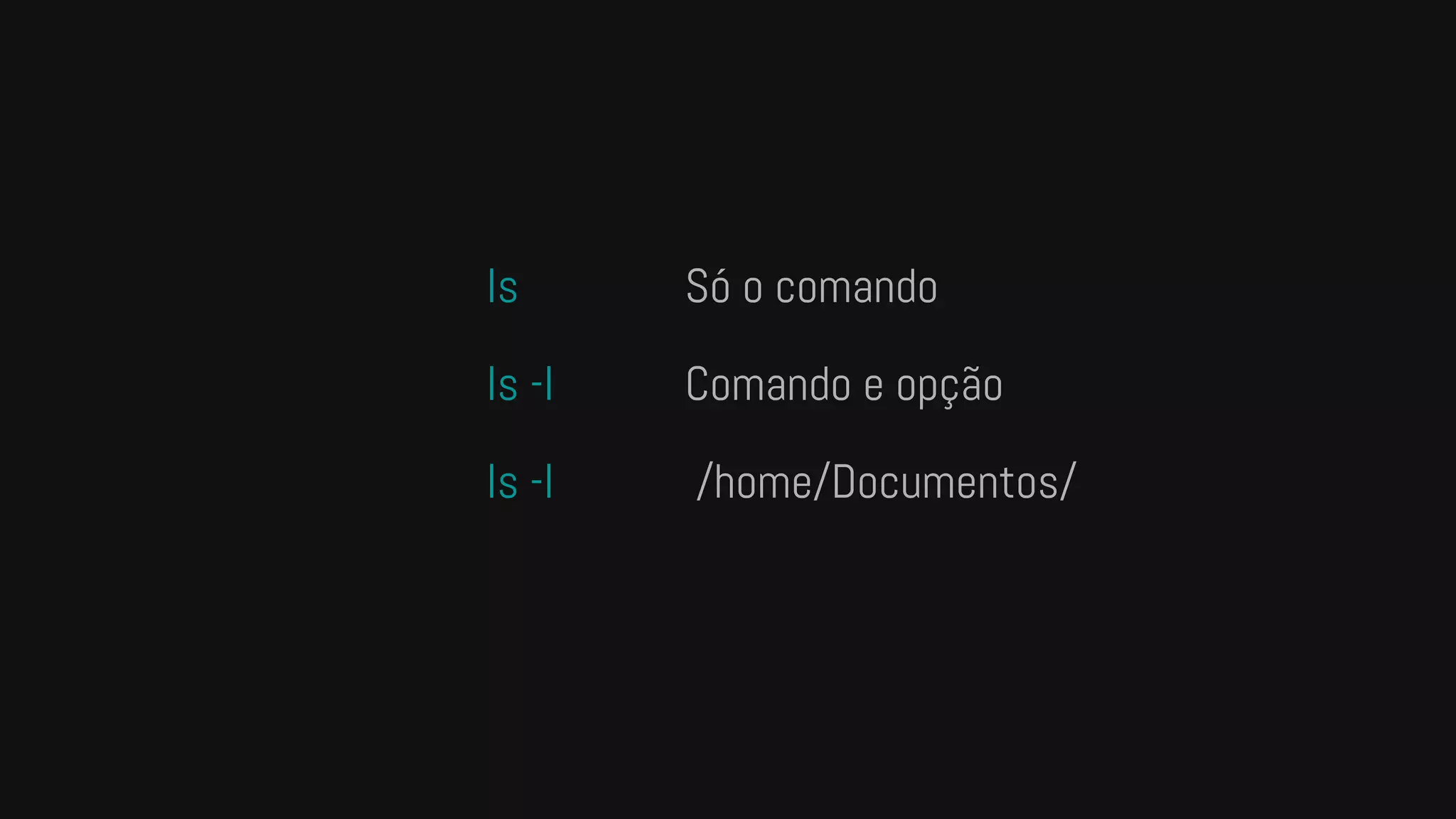 ls Só o comando
ls -l Comando e opção
ls -l /home/Documentos/
 