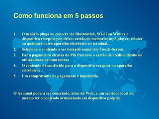 Como funciona em 5 passos O usuário pluga ou conecta via Bluetooth®, Wi-Fi ou Wimax o dispositivo receptor pen drive; cartão de memória; mp3 player; celular ou qualquer outro aparelho eletrônico no terminal. Seleciona o conteúdo a ser baixado numa tela Touch-Screen; Faz o pagamento através do Pin Pad com o cartão de crédito, débito ou utilizando-se de uma senha; O conteúdo é transferido para o dispositivo receptor ou aparelho eletrônico; Um comprovante de pagamento é imprimido. O terminal poderá ser conectado, além da Web, a um servidor local ou mesmo ter o conteúdo armazenado em dispositivo próprio. 