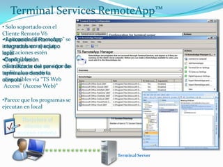 Terminal Services RemoteApp™
• Solo soportado con el
Cliente Remoto V6
••La consola “RemoteApp” se
Aplicaciones Remotas
usa para hacer que las
integradas en el equipo
aplicaciones estén
local
disponibles
•Configuración
•También se usa para que las
centralizada del servidor de
aplicaciones estén
terminales desde la
disponibles vía “TS Web
consola
Access” (Acceso Web)”
•Parece que los programas se
ejecutan en local
Requiere el
cliente de
acceso remoto

Terminal Server

 