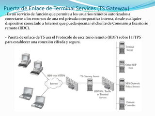 Puerta de Enlace de Terminal Services (TS Gateway)
- Es un servicio de función que permite a los usuarios remotos autorizados a

conectarse a los recursos de una red privada o corporativa interna, desde cualquier
dispositivo conectado a Internet que pueda ejecutar el cliente de Conexión a Escritorio
remoto (RDC).
- Puerta de enlace de TS usa el Protocolo de escritorio remoto (RDP) sobre HTTPS
para establecer una conexión cifrada y segura.

 