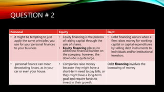 QUESTION # 2
Personal Equity Dept
• it might be tempting to just
apply the same principles you
use for your personal finances
to your business
• Equity financing is the process
of raising capital through the
sale of shares.
• Equity financing places no
additional financial burden on
the company, however, the
downside is quite large.
• Debt financing occurs when a
firm raises money for working
capital or capital expenditures
by selling debt instruments to
individuals and/or institutional
investors.
• personal finance can mean
devastating losses, as in your
car or even your house.
• Companies raise money
because they might have a
short-term need to pay bills, or
they might have a long-term
goal and require funds to
invest in their growth.
Debt financing involves the
borrowing of money
 