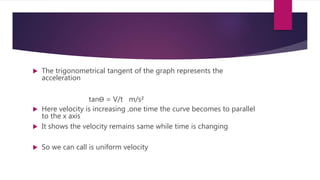  The trigonometrical tangent of the graph represents the
acceleration
tanϴ = V/t m/s²
 Here velocity is increasing ,one time the curve becomes to parallel
to the x axis
 It shows the velocity remains same while time is changing
 So we can call is uniform velocity
 