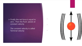  Finally the net force is equal to
zero , Then the fluid passes at
constant velocity
The constant velocity is called
Terminal velocity
• FINALLY THE NET FORCE IS EQUAL TO
ZERO
• SO THE FLUID IS PASSING THROUGH
A CONSTANT VELOCITY
• WHICH IS CALLED UNIFORM
VELOCITY OR TERMINAL VELOCITY
 
