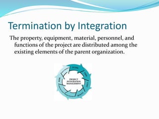 Termination by Integration
The property, equipment, material, personnel, and
functions of the project are distributed among the
existing elements of the parent organization.
 