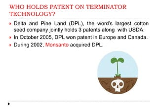 WHO HOLDS PATENT ON TERMINATOR
TECHNOLOGY?
 Delta and Pine Land (DPL), the word’s largest cotton
seed company jointly holds 3 patents along with USDA.
 In October 2005, DPL won patent in Europe and Canada.
 During 2002, Monsanto acquired DPL.
 