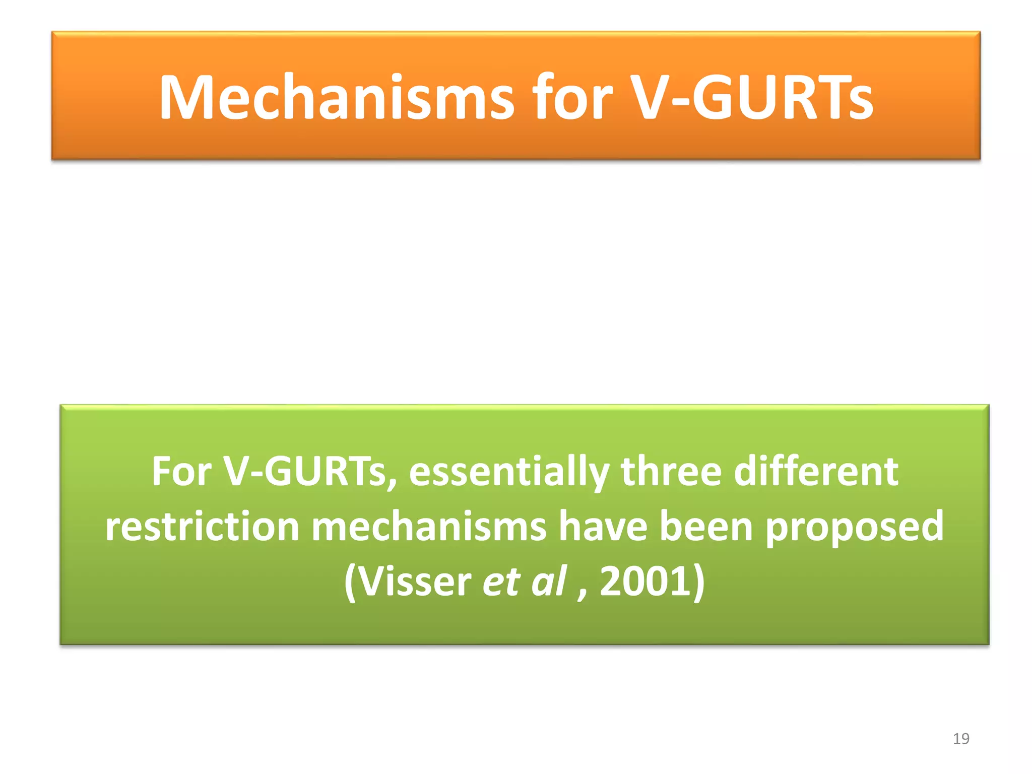 Mechanisms for V-GURTs
For V-GURTs, essentially three different
restriction mechanisms have been proposed
(Visser et al , 2001)
19
 
