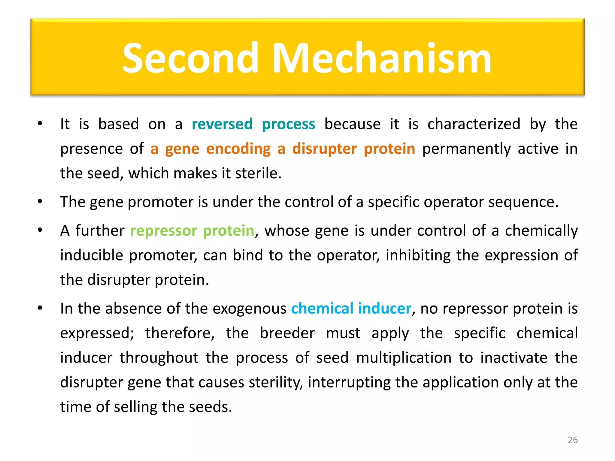 • It is based on a reversed process because it is characterized by the
presence of a gene encoding a disrupter protein permanently active in
the seed, which makes it sterile.
• The gene promoter is under the control of a specific operator sequence.
• A further repressor protein, whose gene is under control of a chemically
inducible promoter, can bind to the operator, inhibiting the expression of
the disrupter protein.
• In the absence of the exogenous chemical inducer, no repressor protein is
expressed; therefore, the breeder must apply the specific chemical
inducer throughout the process of seed multiplication to inactivate the
disrupter gene that causes sterility, interrupting the application only at the
time of selling the seeds.
26
Second Mechanism
 