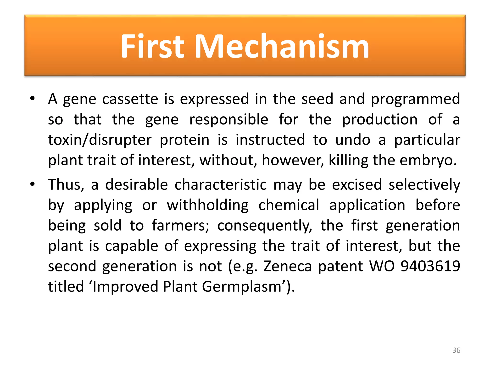 First Mechanism
• A gene cassette is expressed in the seed and programmed
so that the gene responsible for the production of a
toxin/disrupter protein is instructed to undo a particular
plant trait of interest, without, however, killing the embryo.
• Thus, a desirable characteristic may be excised selectively
by applying or withholding chemical application before
being sold to farmers; consequently, the first generation
plant is capable of expressing the trait of interest, but the
second generation is not (e.g. Zeneca patent WO 9403619
titled ‘Improved Plant Germplasm’).
36
 