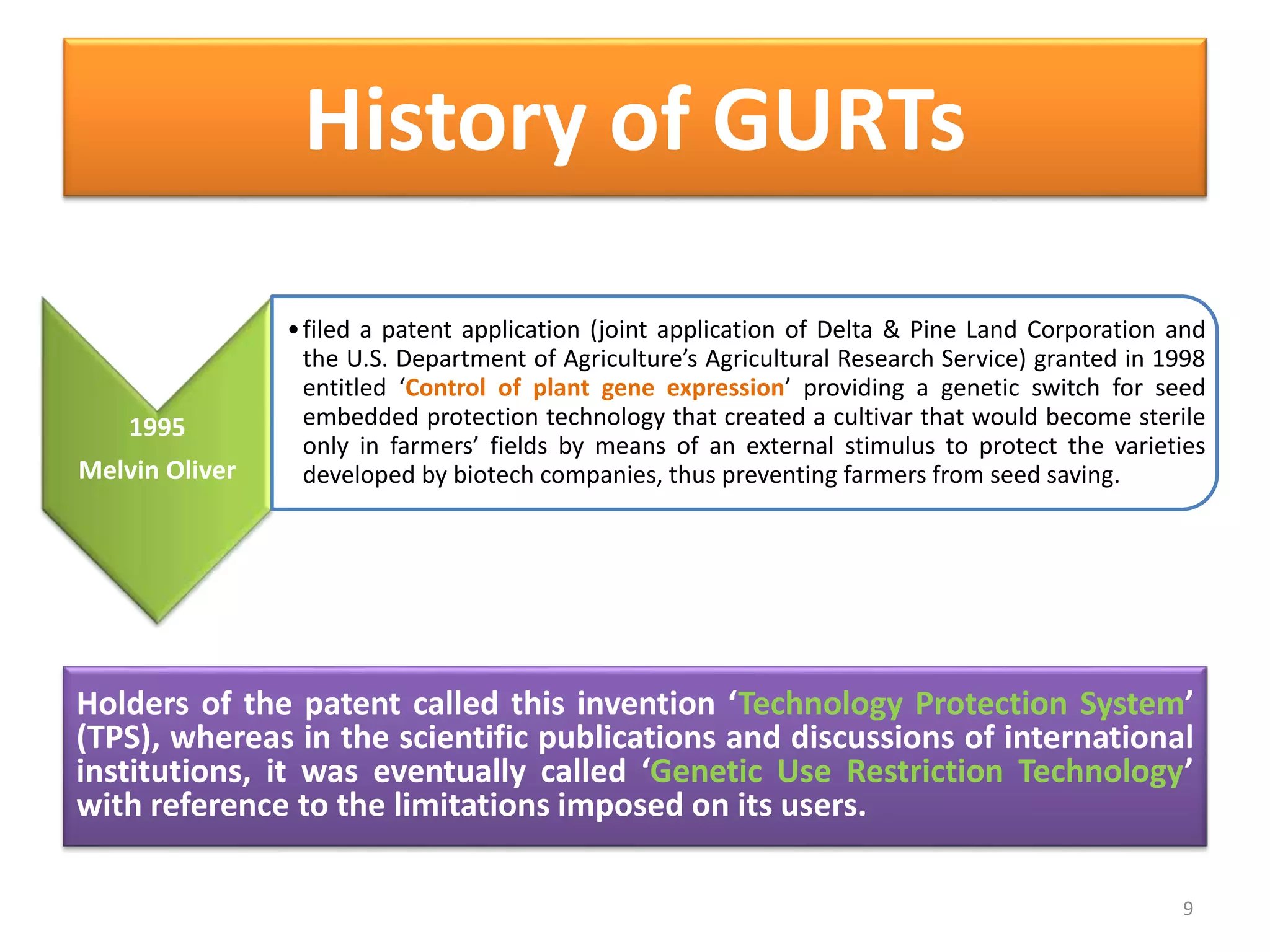 Holders of the patent called this invention ‘Technology Protection System’
(TPS), whereas in the scientific publications and discussions of international
institutions, it was eventually called ‘Genetic Use Restriction Technology’
with reference to the limitations imposed on its users.
9
1995
Melvin Oliver
•filed a patent application (joint application of Delta & Pine Land Corporation and
the U.S. Department of Agriculture’s Agricultural Research Service) granted in 1998
entitled ‘Control of plant gene expression’ providing a genetic switch for seed
embedded protection technology that created a cultivar that would become sterile
only in farmers’ fields by means of an external stimulus to protect the varieties
developed by biotech companies, thus preventing farmers from seed saving.
History of GURTs
 