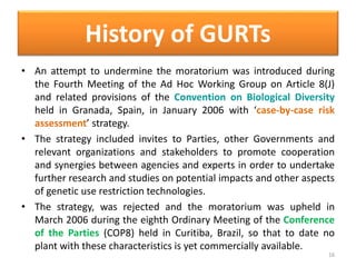 • An attempt to undermine the moratorium was introduced during
the Fourth Meeting of the Ad Hoc Working Group on Article 8(J)
and related provisions of the Convention on Biological Diversity
held in Granada, Spain, in January 2006 with ‘case-by-case risk
assessment’ strategy.
• The strategy included invites to Parties, other Governments and
relevant organizations and stakeholders to promote cooperation
and synergies between agencies and experts in order to undertake
further research and studies on potential impacts and other aspects
of genetic use restriction technologies.
• The strategy, was rejected and the moratorium was upheld in
March 2006 during the eighth Ordinary Meeting of the Conference
of the Parties (COP8) held in Curitiba, Brazil, so that to date no
plant with these characteristics is yet commercially available.
16
History of GURTs
 