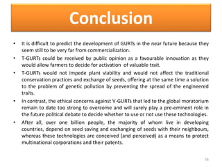 Conclusion
• It is difficult to predict the development of GURTs in the near future because they
seem still to be very far from commercialization.
• T-GURTs could be received by public opinion as a favourable innovation as they
would allow farmers to decide for activation of valuable trait.
• T-GURTs would not impede plant viability and would not affect the traditional
conservation practices and exchange of seeds, offering at the same time a solution
to the problem of genetic pollution by preventing the spread of the engineered
traits.
• In contrast, the ethical concerns against V-GURTs that led to the global moratorium
remain to date too strong to overcome and will surely play a pre-eminent role in
the future political debate to decide whether to use or not use these technologies.
• After all, over one billion people, the majority of whom live in developing
countries, depend on seed saving and exchanging of seeds with their neighbours,
whereas these technologies are conceived (and perceived) as a means to protect
multinational corporations and their patents.
56
 