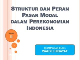 STRUKTUR DAN PERAN
PASAR MODAL
DALAM PEREKONOMIAN
INDONESIA
Pertemuan ke 2
1
TERMIN
II
DI SAMPAIKAN OLEH :
WAHYU HIDAYAT
 