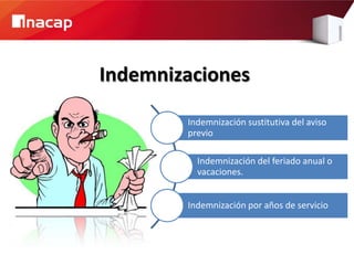 Indemnizaciones

        Indemnización sustitutiva del aviso
        previo

          Indemnización del feriado anual o
          vacaciones.


        Indemnización por años de servicio
 