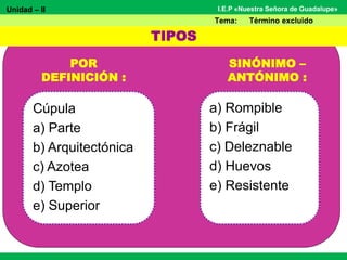 Unidad – II
Tema: Término excluido
I.E.P «Nuestra Señora de Guadalupe»
POR
DEFINICIÓN :
Cúpula
a) Parte
b) Arquitectónica
c) Azotea
d) Templo
e) Superior
SINÓNIMO –
ANTÓNIMO :
a) Rompible
b) Frágil
c) Deleznable
d) Huevos
e) Resistente
TIPOS
 