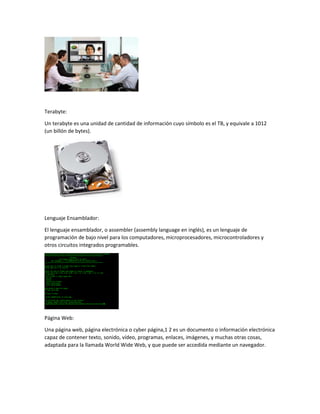 Terabyte:
Un terabyte es una unidad de cantidad de información cuyo símbolo es el TB, y equivale a 1012
(un billón de bytes).
Lenguaje Ensamblador:
El lenguaje ensamblador, o assembler (assembly language en inglés), es un lenguaje de
programación de bajo nivel para los computadores, microprocesadores, microcontroladores y
otros circuitos integrados programables.
Página Web:
Una página web, página electrónica o cyber página,1 2 es un documento o información electrónica
capaz de contener texto, sonido, vídeo, programas, enlaces, imágenes, y muchas otras cosas,
adaptada para la llamada World Wide Web, y que puede ser accedida mediante un navegador.
 