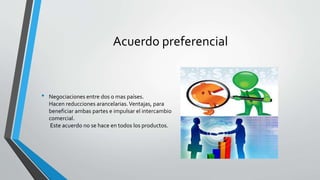Acuerdo preferencial
• Negociaciones entre dos o mas países.
Hacen reducciones arancelarias.Ventajas, para
beneficiar ambas partes e impulsar el intercambio
comercial.
Este acuerdo no se hace en todos los productos.
 