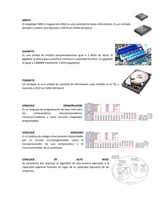 MBYTE
El megabyte (MB) o megaocteto (Mo) es una cantidad de datos informáticos. Es un múltiplo
del byte u octeto, que equivale a 106 B (un millón de bytes).
GIGABYTE
Es una unidad de medida aproximadamente igual a 1 billón de bytes. El
gigabyte se utiliza para cuantificar memoria o capacidad de disco. Un gigabyte
es igual a 1,000MB (realmente 1.024 megabytes).
TERABYTE
Un terabyte es una unidad de cantidad de información cuyo símbolo es el TB, y
equivale a 1012 (un billón de bytes).
LENGUAJE ENSAMBLADOR
Es un lenguaje de programación de bajo nivel para
los computadores, microprocesadores,
microcontroladores y otros circuitos integrados
programables.
LENGUAJE MÁQUINA
Es el sistema de códigos directamente interpretable
por un circuito microprogramable, como el
microprocesador de una computadora o el
microcontrolador de un autómata.
LENGUAJE DE ALTO NIVEL
Se caracteriza por expresar el algoritmo de una manera adecuada a la
capacidad cognitiva humana, en lugar de la capacidad ejecutora de las
máquinas.
 