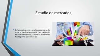 Estudio de mercados
• Es la iniciativa empresarial que se encarga de
mirar la viabilidad comercial; Para mejorar las
técnicas de mercado y satisfacer la demanda
hecha por los consumidores.
 