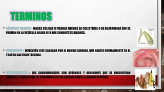 TERMINOS
- MASAS SÓLIDAS O PIEDRAS HECHAS DE COLESTEROL O DE BILIRRUBINA QUE SE
FORMAN EN LA VESÍCULA BILIAR O EN LOS CONDUCTOS BILIARES.
- INFECCIÓN LEVE CAUSADA POR EL HONGO CANDIDA, QUE HABITA NORMALMENTE EN EL
TRACTO GASTROINTESTINAL.
- LOS CARBOHIDRATOS SON AZÚCARES Y ALMIDONES QUE SE ENCUENTRAN
DURANTE LA DIGESTIÓN, SE CONVIERTEN EN UN AZÚCAR SIMPLE LLAMADO GLUCOSA.
•
 