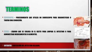 TERMINOS
- PROCEDIMIENTO QUE UTILIZA UN ENDOSCOPIO PARA DIAGNOSTICAR O
TRATAR UNA CONDICIÓN.
- LÍQUIDO QUE SE COLOCA EN EL RECTO PARA LIMPIAR EL INTESTINO O PARA
ADMINISTRAR MEDICAMENTOS O ALIMENTOS.
- IRRITACIÓN DEL INTESTINO DELGADO.
 