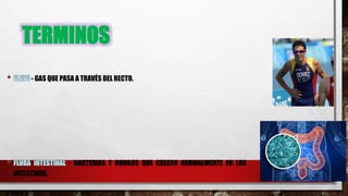TERMINOS
- GAS QUE PASA A TRAVÉS DEL RECTO.
- BACTERIAS Y HONGOS QUE CRECEN NORMALMENTE EN LOS
INTESTINOS.
 