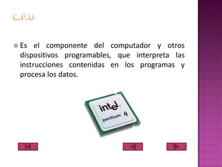  Es

el componente del computador y otros
dispositivos programables, que interpreta las
instrucciones contenidas en los programas y
procesa los datos.

 