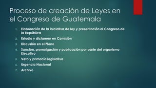 Proceso de creación de Leyes en
el Congreso de Guatemala
1. Elaboración de la iniciativa de ley y presentación al Congreso de
la República
2. Estudio y dictamen en Comisión
3. Discusión en el Pleno
4. Sanción, promulgación y publicación por parte del organismo
Ejecutivo
5. Veto y primacía legislativa
6. Urgencia Nacional
7. Archivo
 