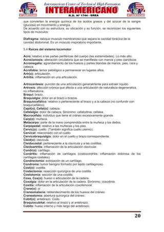 20
que convierten la energía química de los ácidos grasos y del azúcar de la sangre
(glucosa) en movimiento y energía.
De acuerdo con su estructura, su ubicación y su función, se reconocen los siguientes
tipos de músculos:
Diafragma: tabique musculo membranoso que separa la cavidad torácica de la
cavidad abdominal. Es un músculo inspiratorio importante.
5.4 Raíces del sistema locomotor
Acro: relativo a las partes periféricas del cuerpo (las extremidades). Lo más alto.
Acrocianosis: alteración circulatoria que se manifiesta con manos y pies cianóticos
Acromegalia: agrandamiento de los huesos y partes blandas de manos, pies, cara y
cabeza.
Acrofobia: temor patológico a permanecer en lugares altos.
Artr(o): articulación.
Artritis: inflamación en una articulación.
Artrocentesis: punción de una articulación generalmente para extraer líquido.
Artrosis: afección crónica que afecta a una articulación de naturaleza degenerativa,
no inflamatoria.
Braqui: brazo.
Braquialgia: dolor en el brazo o brazos.
Braquiocefálico: relativo o perteneciente al brazo y a la cabeza (no confundir con
braqui/cefálico).
Capit(o), Cefal(o): cabeza.
Cefalalgia: dolor de cabeza, Sinónimo: cefalodinia, cefalea.
Macrocéfalo: individuo que tiene el cráneo excesivamente grande.
Carp(o): muñeca.
Metacarpo: parte de la mano comprendida entre la muñeca y los dedos.
Carpopedal: relativo a las muñecas y los pies.
Cervic(o): cuello. (También significa cuello uterino).
Cervical: relacionado con el cuello.
Cervicobraquialgia: dolor en el cuello y brazo correspondiente.
Cleid(o): clavícula.
Cleidocostal: perteneciente a la clavícula y a las costillas.
Cleidoartritis: inflamación de la articulación clavicular.
Condr(o): cartílago.
Condritis: inflamación de cartílagos (costocondritis: inflamación dolorosa de los
cartílagos costales).
Condrectomía: extirpación de un cartílago.
Condroma: tumor benigno formado por tejido cartilaginoso.
Cost(o): costilla.
Costectomía: resección quirúrgica de una costilla.
Costotomía: sección de una costilla.
Coxa, Cox(o): hueso o articulación de la cadera.
Coxalgia: dolor en la articulación de la cadera. Sinónimo: coxodinia.
Coxitis: inflamación de la articulación coxofemoral.
Crane(o): cr
Craneomalacia: reblandecimiento de los huesos del cráneo.
Craneotomía: abertura quirúrgica del cráneo.
Cúbit(o): antebrazo. Codo.
Braquiocubital: relativo al brazo y al antebrazo.
Cúbito: hueso interno y más largo del antebrazo.
 