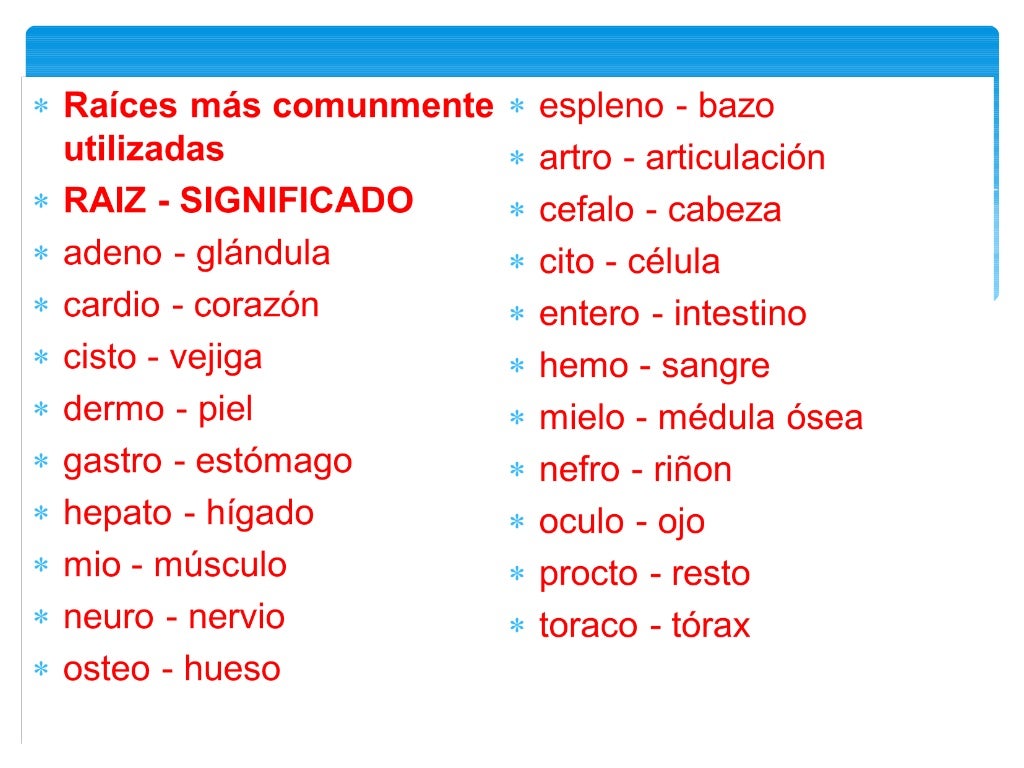 Terminología por aparatos y sistemas, prefijos y sufijos