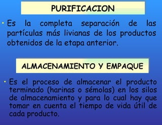 PURIFICACION Es la completa separación de las partículas más livianas de los productos obtenidos de la etapa anterior. ALMACENAMIENTO Y EMPAQUE Es el proceso de almacenar el producto terminado (harinas o sémolas) en los silos de almacenamiento y para lo cual hay que tomar en cuenta el tiempo de vida útil de cada producto. 
