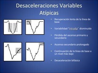 Desaceleraciones Variables Atípicas Recuperación lenta de la línea de base Variabilidad “ intradip ”  disminuida Pérdida del ascenso primario y secundario Ascenso secundario prolongado Continuación de la línea de base a un nivel más bajo Desaceleración bifásica 