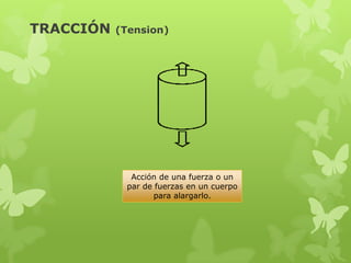 TRACCIÓN   (Tension)




             Acción de una fuerza o un
            par de fuerzas en un cuerpo
                   para alargarlo.
 