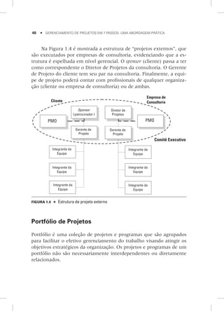 48     Gerenciamento de Projetos em 7 Passos: Uma Abordagem Prática
Na Figura 1.4 é mostrada a estrutura de “projetos externos”, que
são executados por empresas de consultoria, evidenciando que a es-
trutura é espelhada em nível gerencial. O sponsor (cliente) passa a ter
como correspondente o Diretor de Projetos da consultoria. O Gerente
de Projeto do cliente tem seu par na consultoria. Finalmente, a equi-
pe de projeto poderá contar com profissionais de qualquer organiza-
ção (cliente ou empresa de consultoria) ou de ambas.
Figura 1.4    Estrutura de projeto externo
Portfólio de Projetos
Portfólio é uma coleção de projetos e programas que são agrupados
para facilitar o efetivo gerenciamento do trabalho visando atingir os
objetivos estratégicos da organização. Os projetos e programas de um
portfólio não são necessariamente interdependentes ou diretamente
relacionados.
 