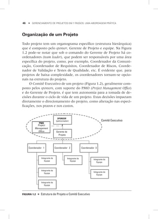 46     Gerenciamento de Projetos em 7 Passos: Uma Abordagem Prática
Organização de um Projeto
Todo projeto tem um organograma específico (estrutura hierárquica)
que é composto pelo sponsor, Gerente de Projeto e equipe. Na Figura
1.2 pode-se notar que sob o comando do Gerente de Projeto há co-
ordenadores (team leader), que podem ser responsáveis por uma área
específica do projeto, como, por exemplo, Coordenador da Comuni-
cação, Coordenador de Requisitos, Coordenador de Riscos, Coorde-
nador de Validação e Testes de Qualidade, etc. É evidente que, para
projetos de baixa complexidade, os coordenadores tornam-se opcio-
nais na estrutura do projeto.
O Comitê Executivo de um projeto (Figura 1.2), geralmente com-
posto pelos sponsors, com suporte do PMO (Project Management Office)
e do Gerente de Projeto, é que tem autonomia para a tomada de de-
cisões durante o ciclo de vida de um projeto. Estas decisões impactam
diretamente o direcionamento do projeto, como alteração nas especi-
ficações, nos prazos e nos custos.
Comitê Executivo
SPONSOR
(patrocinador)
Gerente de
Projeto
Coordenador 1 Coordenador 2 Coordenador 3
PMO
Project
Management
Office
Integrante da
Equipe
Integrante da
Equipe
Integrante da
Equipe
Integrante da
Equipe
Integrante da
Equipe
Integrante da
Equipe
Figura 1.2    Estrutura de Projeto e Comitê Executivo
 