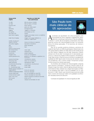 Boletim CBR - 25
CBR em Ação
CBR em Ação
São Paulo tem
mais clínicas de
US aprovadas
A
Comissão de Qualidade em Ultra-sonografia vem
funcionando há 2 anos, seguindo o regulamento, princi-
palmente a vistoria que representa a 2ª fase de avaliação.
A vistoria é o ponto alto do programa, propiciando uma visão
geral dos serviços de Ultra-sonografia do país. No momento
temos 50 clínicas aprovadas, 11 em processo de vistoria e
8 pendentes.
Das 50 em questão podemos destacar a presença do
estado de São Paulo com 48% de participação, Minas Gerais com
12%, Santa Catarina e Bahia com 10% cada um, Rio Grande do Sul
com 8%, Paraná e Alagoas com 4% cada, Amazonas e Distrito
Federal com 2% do total. A Comissão de US está notando que
serviços e clínicas dos estados do Rio de Janeiro, Pernambuco,
Ceará, Mato Grosso e Piauí tem poucos inscritos no programa de
qualidade do CBR. Alguns estão em processo de vistoria e outros
com pendências, mas o número ainda é inexpressivo porque
nenhum desses teve ainda a aprovação.
Os membros da Comissão de Ultra-sonografia composta
pelos doutores: Domingos C. da Rocha, Antonio Carlos M. de
Athayde, Sergio Aron Ajzen, Edson R. Iglezias, Renato Ximenes e
Carlos Roberto Maia; solicitam aos colegas interessados em filiar-
se ao programa para obter o selo de qualidade em US, que
procurem o CBR e façam suas inscrições para aumentar ainda
mais o número de locais que realize com qualidade reconheci-
da e atestada exames de ultra-som.
Comissão de Qualidade em Ultra-sonografia do CBR
1H MRS ERM de prótons (1H-ERM)
31P MRS ERM de fósforo (31P-ERM)
Chemical shift desvio químico
ppm partes por milhão (ppm)
shimming homogeneização
Tagging “tagging” ou marcador
ECG gating sincronização ao ECG
time delay (TD) retardo
black blood imaging imagem com sangue escuro ou seqüência
“black blood”
bright blood imaging imagem com sangue brilhante ou
seqüência “bright blood”
number of views per
segment VPS/NVP número de linhas por segmento
myocardical tagging marcadores miocárdicos
tags linhas marcadoras
frames fases
delayed enhancement/
late enhancement realce tardio
free breathing respiração livre
breath-hold parada respiratória
navigator-echo técnica de navegadores
spoiled grandient-echo gradiente eco espoliado ou gradiente eco
incoerente
maximal shortening encurtamento máximo
shortening index índice de encurtamento
radial thickening espessamento radial
circunferential shortening encurtamento circunferencial
E1 - radial strain tensão radial
E2 - circunferential strain tensao radial
SPAMM (spacial modulation of
magnetization) técnica de saturação
CSPAMM (complementary SPAMM) técnica de saturação
intensity signal peak pico de intensidade de sinal (PIS)
minimal intensity signal mínima intensidade de sinal (MIS)
slope of the curve máxima inclinação da rampa da ascensão
time-to-peak tempo ao PIS
PIS-MIS variação da intensidade de sinal
Sugestões da CNRM/CBR
para padronização
Termos de RM
(Inglês)
 