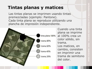 Tintas planas y matices Las tintas planas se imprimen usando tintas premezcladas (ejemplo: Pantone).  Cada tinta plana se reproduce utilizando una plancha de impresión independiente. Cuando una tinta plana se imprime al 100% crea un color sólido, sin trama.  Los matices, en cambio, consisten en imprimir una trama de semitono del color. INTRODUCCIÓN A LA PRODUCCIÓN GRÁFICA - PROF. MARCELO BRAZ 