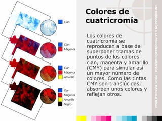 Los colores de cuatricromía se reproducen a base de superponer tramas de puntos de los colores cian, magenta y amarillo (CMY) para simular así un mayor número de colores. Como las tintas CMY son translúcidas, absorben unos colores y reflejan otros. Colores de cuatricromía INTRODUCCIÓN A LA PRODUCCIÓN GRÁFICA - PROF. MARCELO BRAZ 