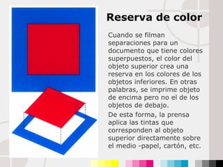 Cuando se filman separaciones para un documento que tiene colores superpuestos, el color del objeto superior crea una reserva en los colores de los objetos inferiores. En otras palabras, se imprime objeto de encima pero no el de los objetos de debajo. De esta forma, la prensa aplica las tintas que corresponden al objeto superior directamente sobre el medio -papel, cartón, etc.  Reserva de color 