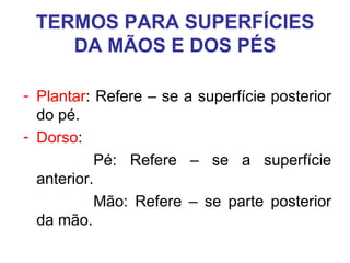 TERMOS PARA SUPERFÍCIES
DA MÃOS E DOS PÉS
- Plantar: Refere – se a superfície posterior
do pé.
- Dorso:
Pé: Refere – se a superfície
anterior.
Mão: Refere – se parte posterior
da mão.

 